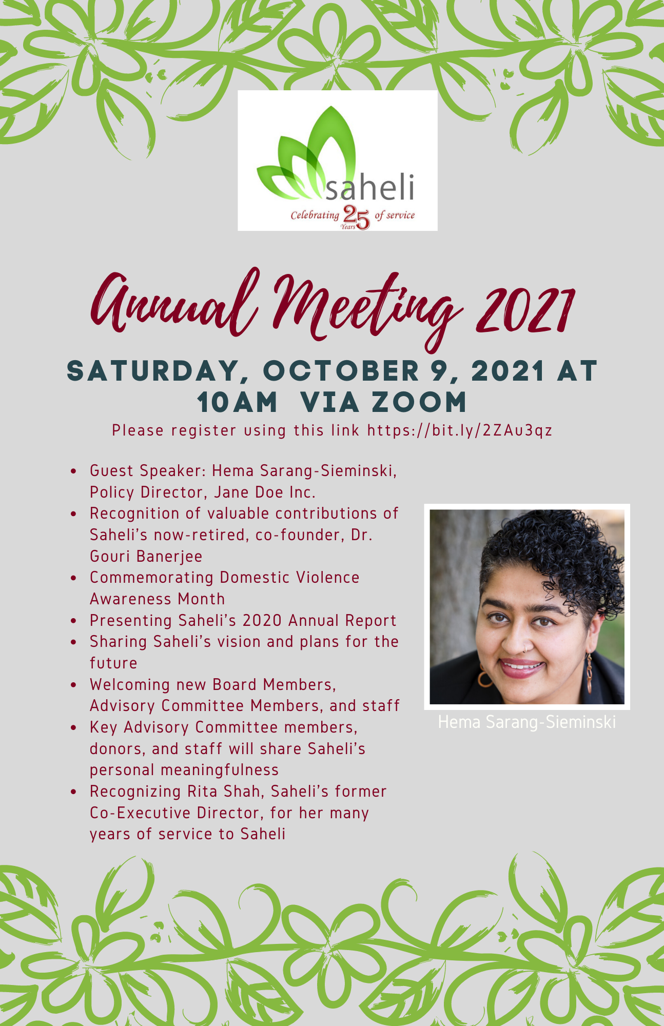 Saheli Annual Meeting 2021 flyer